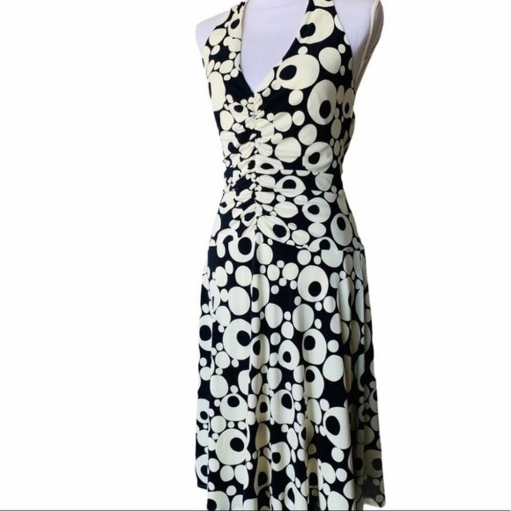 Maggy London cream black liquid knit jersey dress halter slip travel 10 NEW vtg